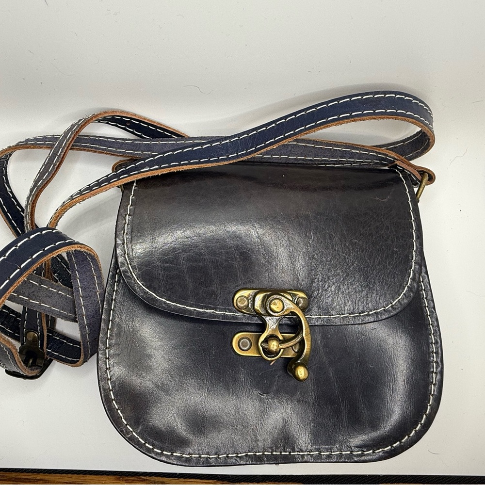 Elegant Dark Navy Leather Crossbody Bag Buckle Closure Made In Greece Small